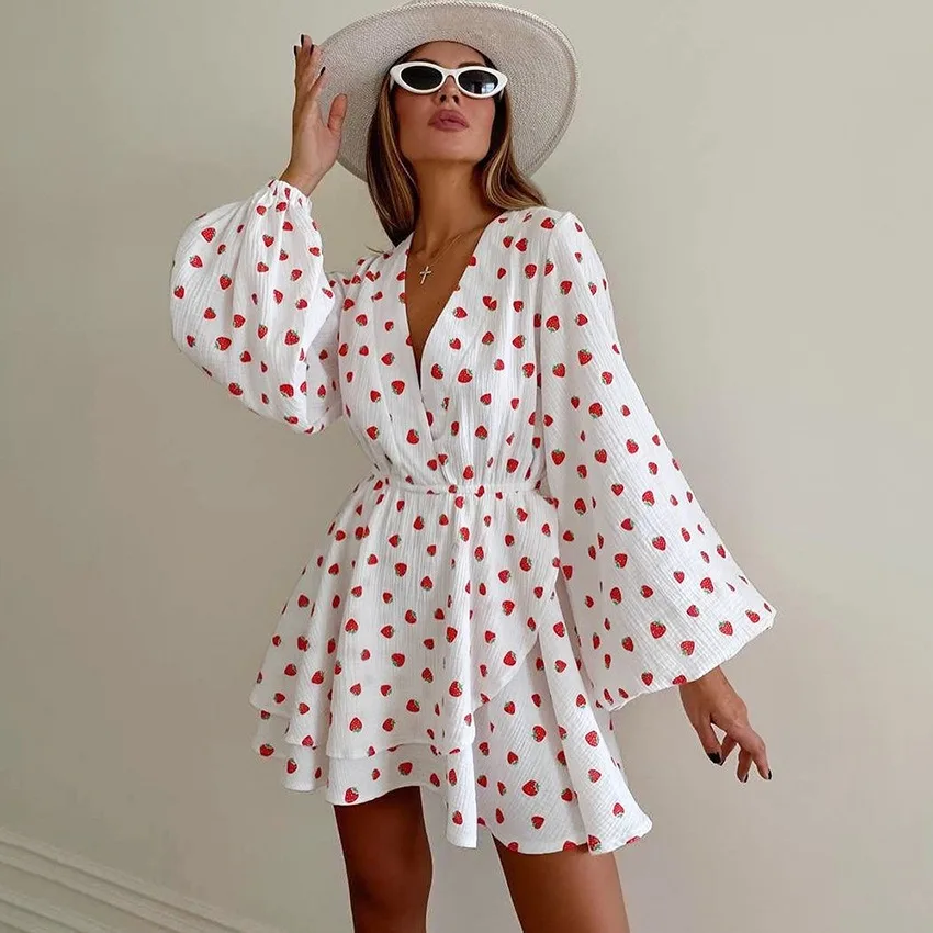 100% cotton Spring Summer High Waist  Dress Comfortable Breathable Lantern Sleeve V-Neck Short A-Line Dress New Style Women High