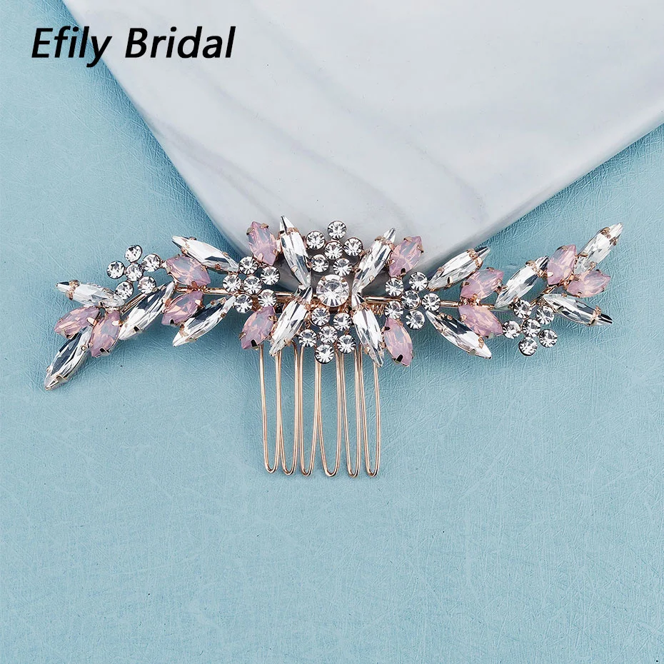 Efily Pink Rhinestone Bridal Hair Comb Tiara Headpiece Crystal Leaf Wedding Accessories Party Bride Headdress Hair Jewelry