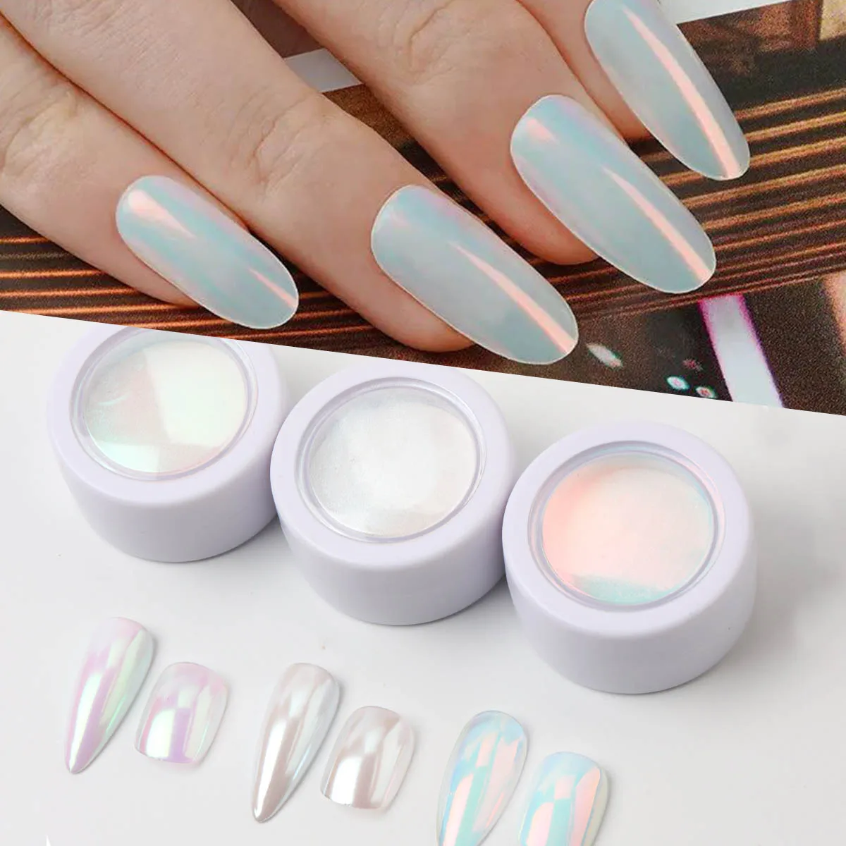 3 Box Aurora Chrome Nail Powder Neon Aurora White Purple Color Pearl Nail Glitter Metallic Mirror Mermaid Effect Powder
