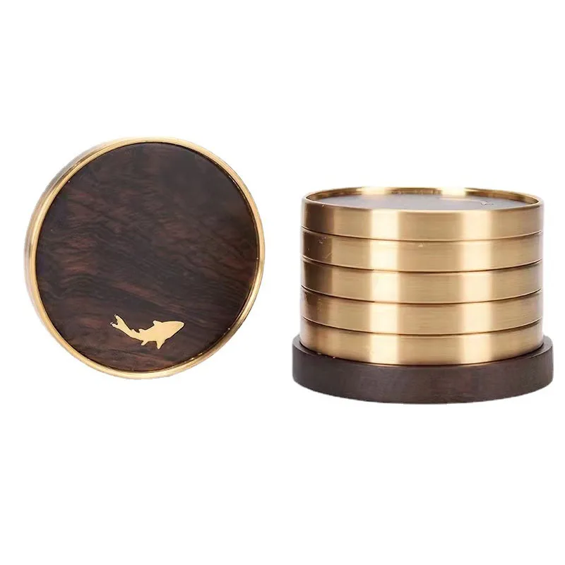 Rosewood Heat Resistant Round Coasters Set, Wood Mat, Drink, Coffee Cup, Tea, Office, Home Table Pad with Copper, Non-Slip