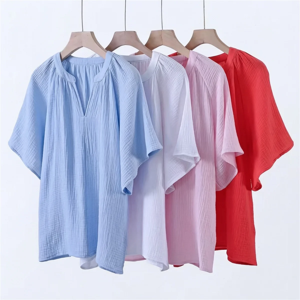Summer Cotton Linen Blouse plus Size Women V-Neck Button Tee Shirt Casual Half Sleeve Black Loose Top for Women
