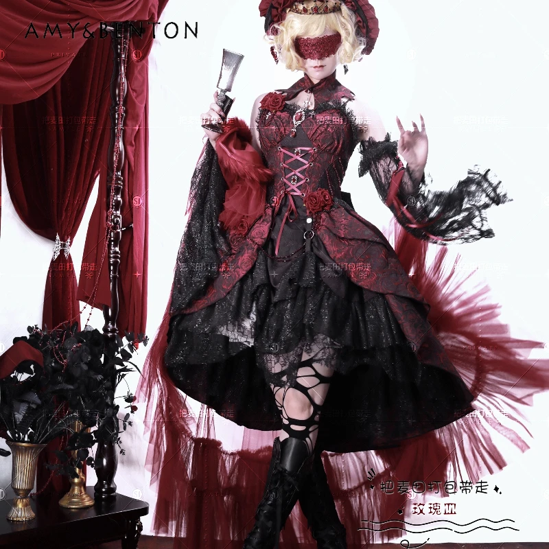 

Original Gothic Black Red Jacquard Women's Dress Autumn New Design Subculture Lolita Off-Shoulder Palace Style Dresses Ladies