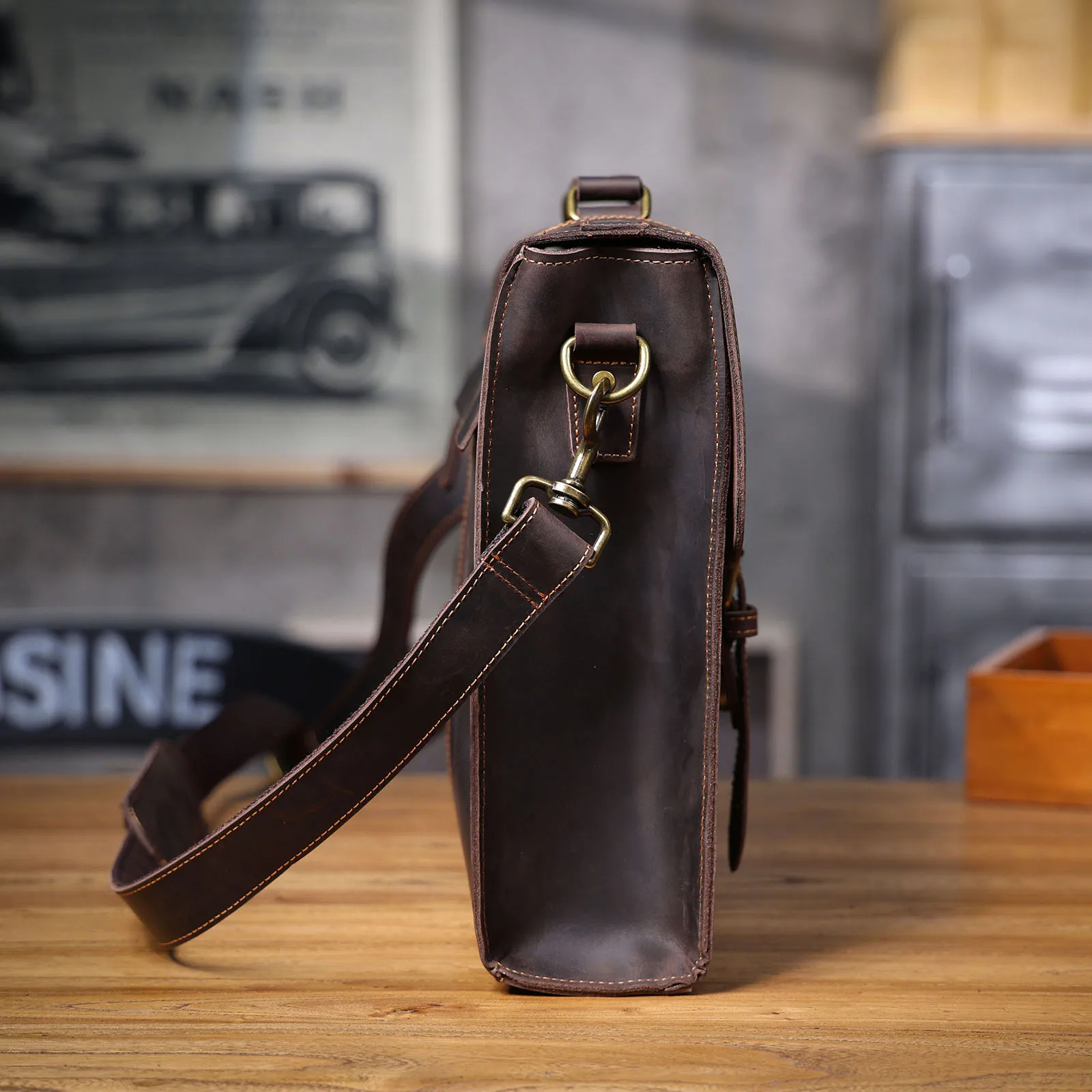 S.WORKER Vollnarbenleder 15" Laptop-Aktentasche Echtleder Herren Büro-Handtasche Messenger-Tasche Business-Bürotasche – Detail 8