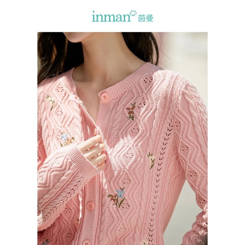 INMAN Women Knit Cardigan 2023 Autumn Long Sleeve Round Neck Loose Sweater Hollow Out Embroidery Casual All-match Outwear Tops