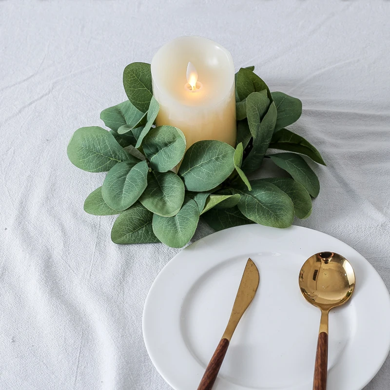 25cm Green Plant Candle Holder Wreaths Artificial Leaves Candlestick Candle Ring Home Wedding Arrangement Table Party Decoration