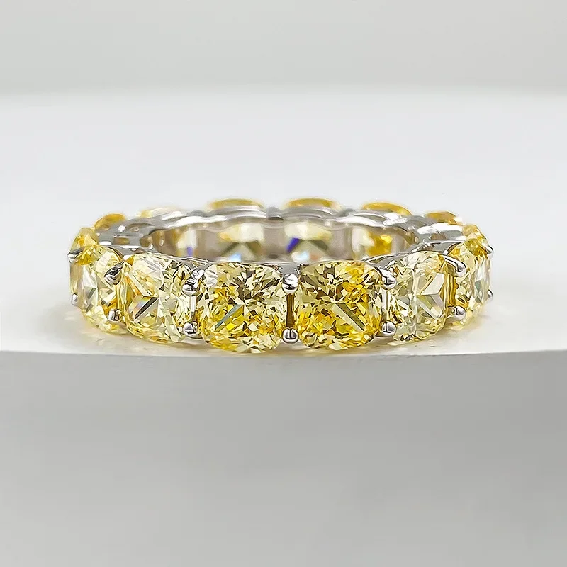 S925 Silver Fat Square 5 * 5mm Yellow Diamond Row Diamond Ring Stacked Diamond Ring Female Ins Wind Ring