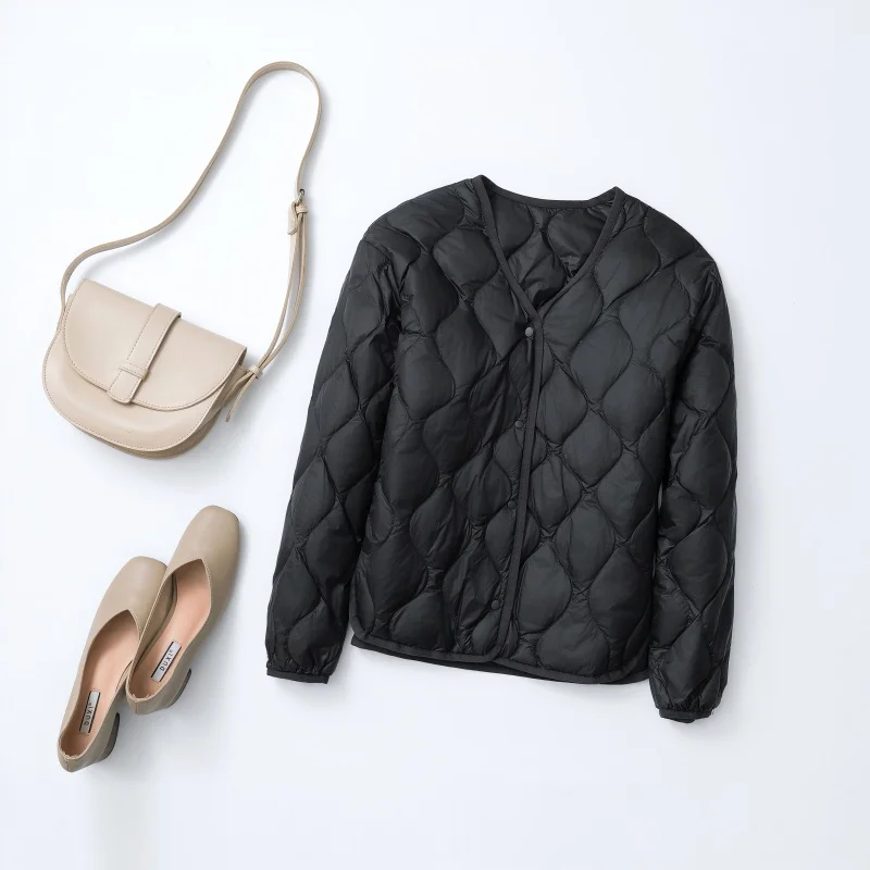 Female Ultra Light Down Jacket Women's Collarless Light Down Jacket Liner Rhomboid V-Neck Loose Slim White Duck Short Jacket