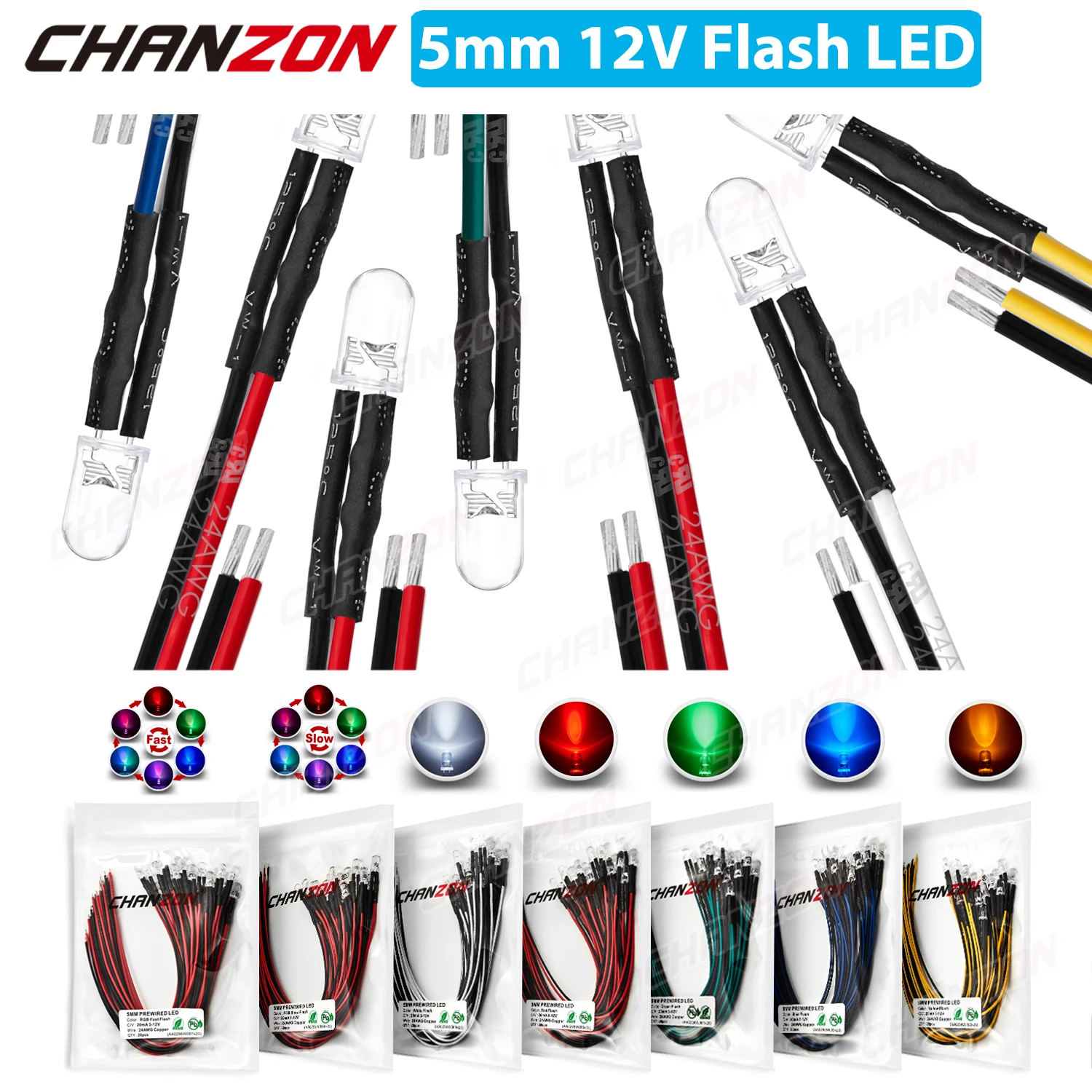 20 Stück 5 mm 12 V vorverdrahtete LED-Lichtperlen, blinkend, weiß, rot, grün, blau, gelb, RGB, schnell, langsam blinkend, DIY, vorverdrahtete Lampe