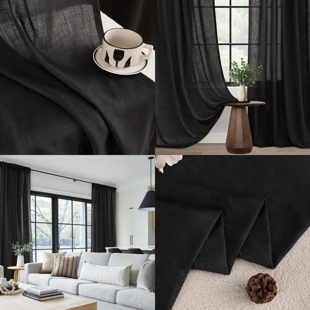 

Light Filtering Black Linen Curtains, 132 Long, 2-Panel Set for Bedroom, Boho Style, Semi-Sheer Privacy