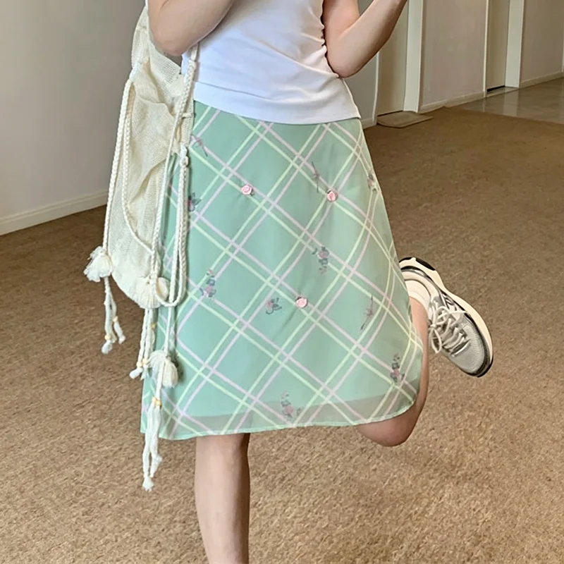 Women's Green Plaid Floral A-Line Midi Skirts High Waist Preppy Style Casual Summer Skirts for Women Streetwear Y2k Clothes New