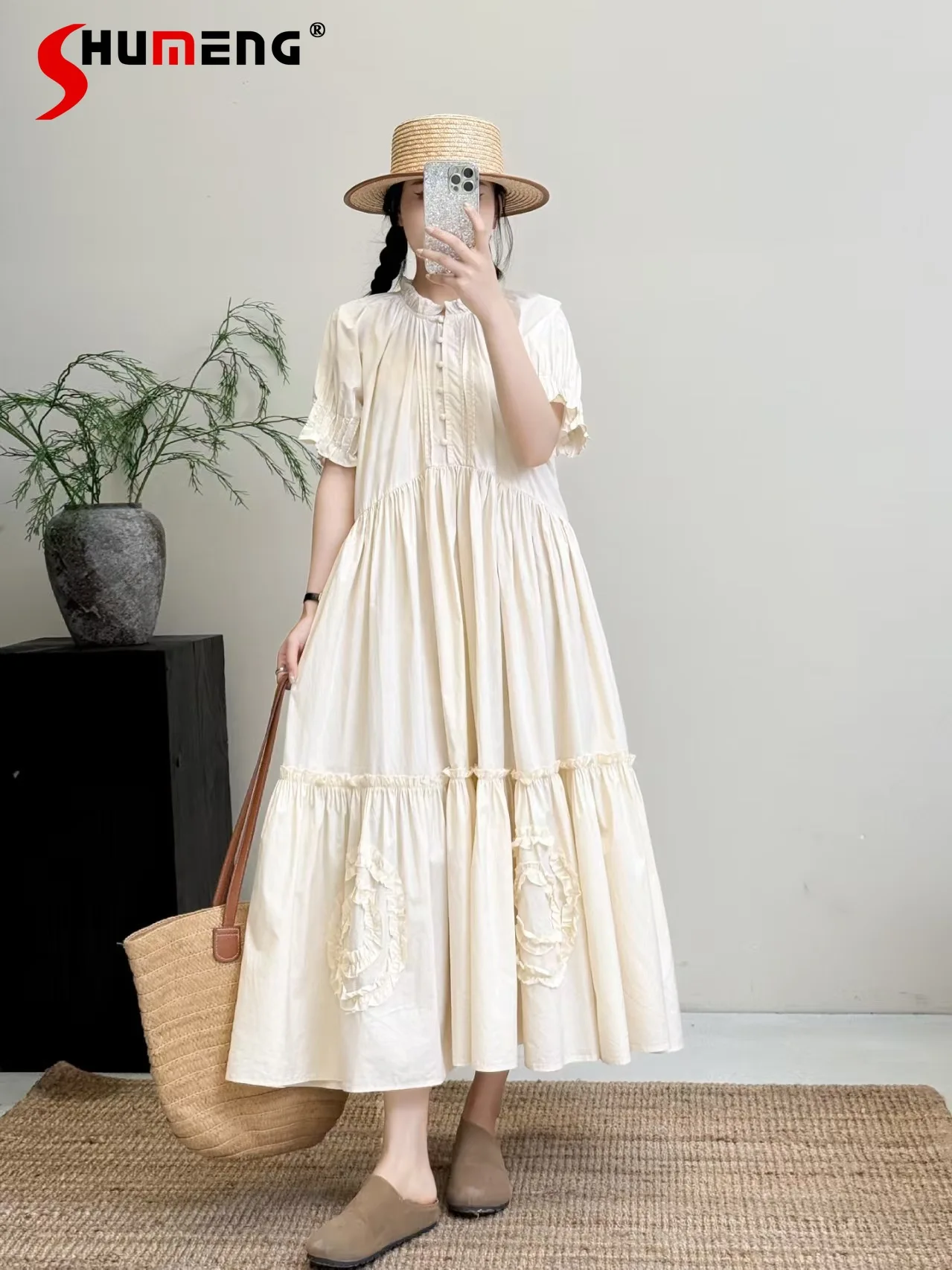

Japanese Sweet Mori Girl Style 3D Embroidery Ruffles Stand Collar Bubble Sleeve Single-breasted Loose Casual Long Dress Women