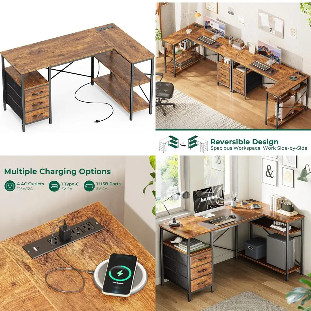Large L-Shaped Office Desk with Power Outlets, 47 Computer Desk featuring 3 Drawers and Shelves for Gaming, Corner Work, and Hom