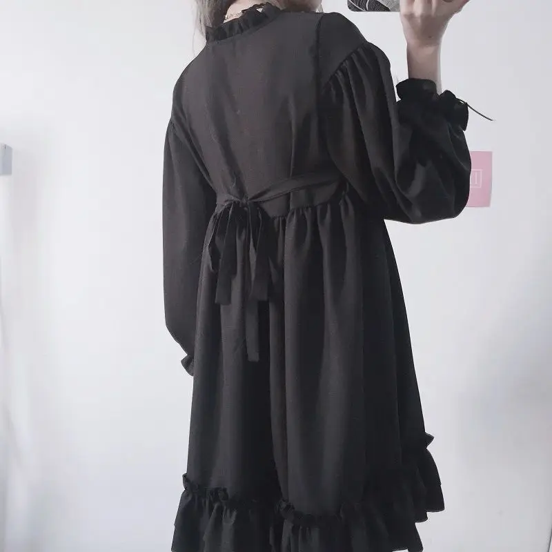 Wiktoriański Gothic Lolita OP sukienka kobiety Harajuku z długim rękawem łuk wzburzyć bandaż czarne sukienki dziewczęce Cosplay Lolita pokojówka