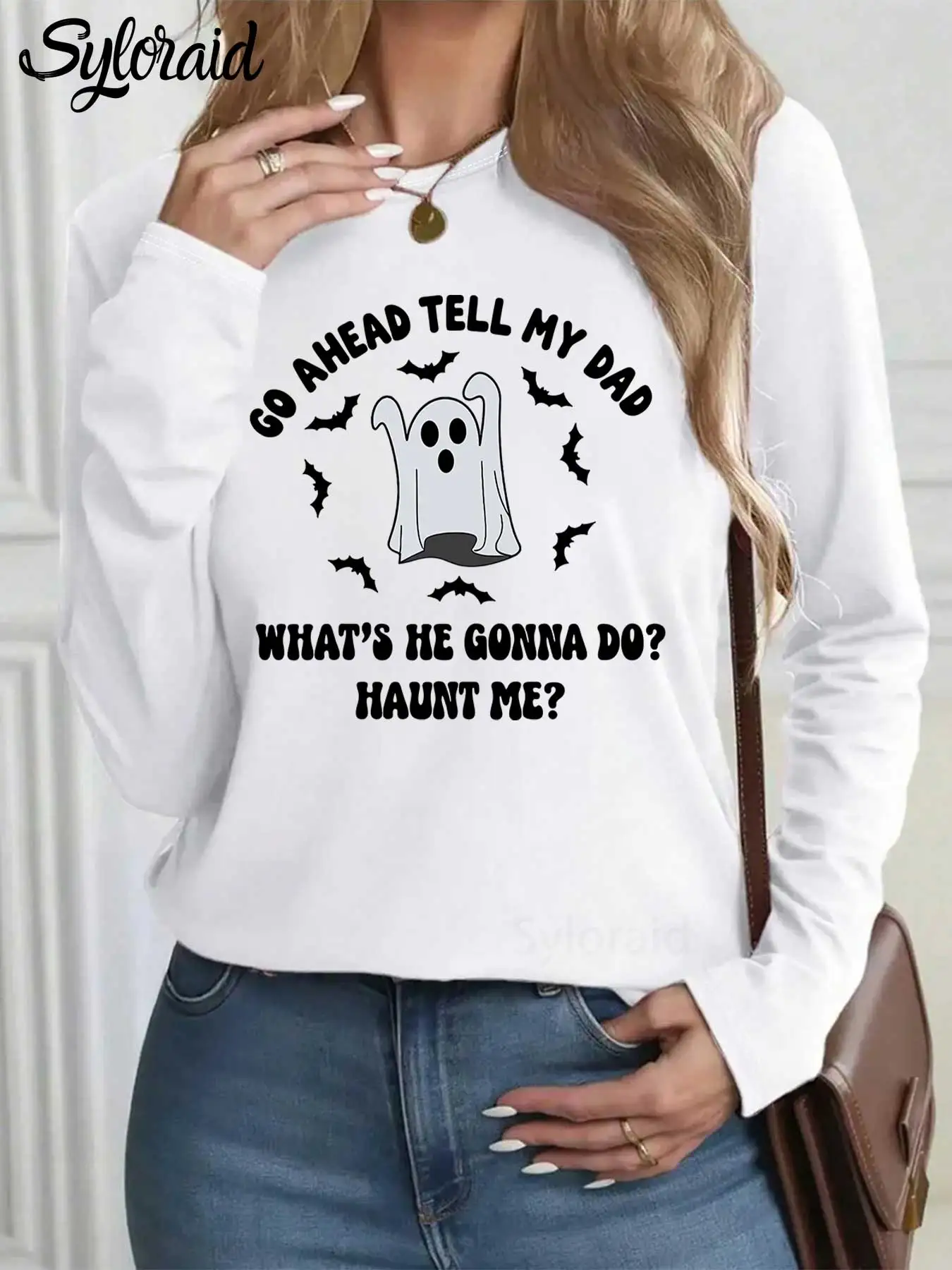 

Women's Long Sleeve T Shirt Halloween Spider T Shirt Go Ahead Tell My Dad Shirt Fashion Round Neck Casual Top