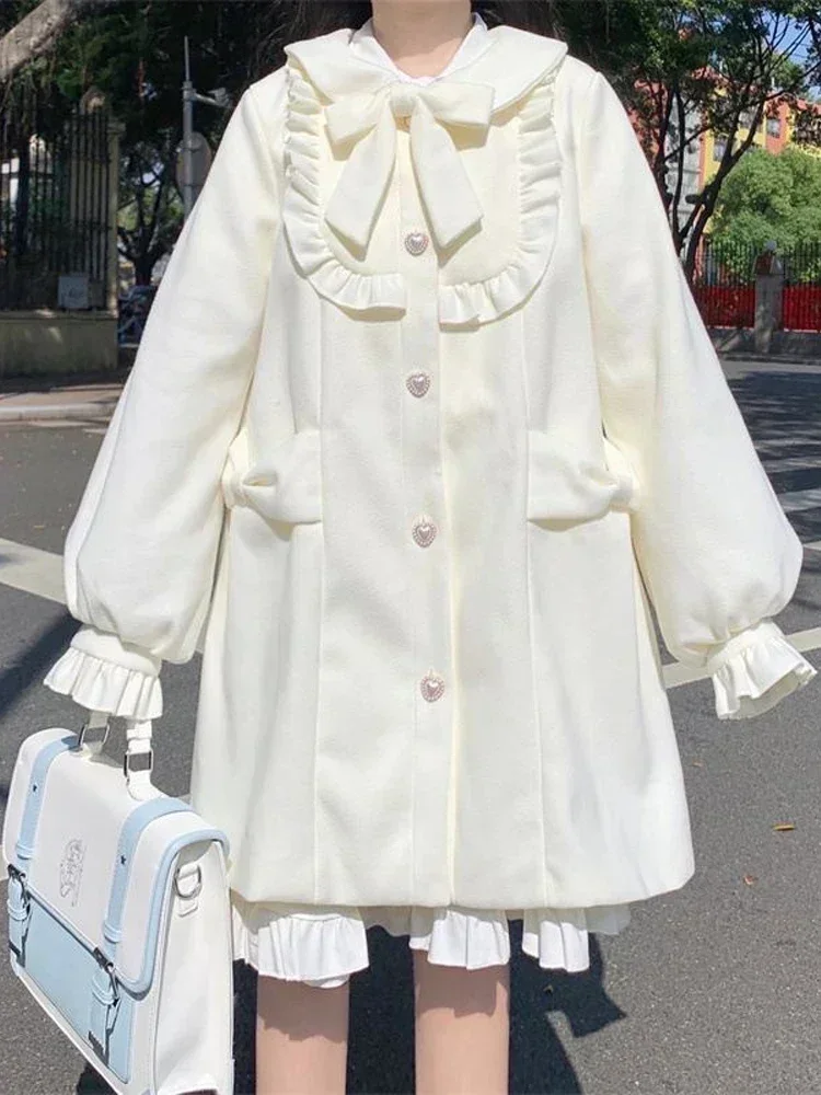Coalfell Winter Warm Kawaii Sweet Coat Women White Japanese Cute Long Wool Coat Female Peter Pan Collar Loose Korean Overcoat