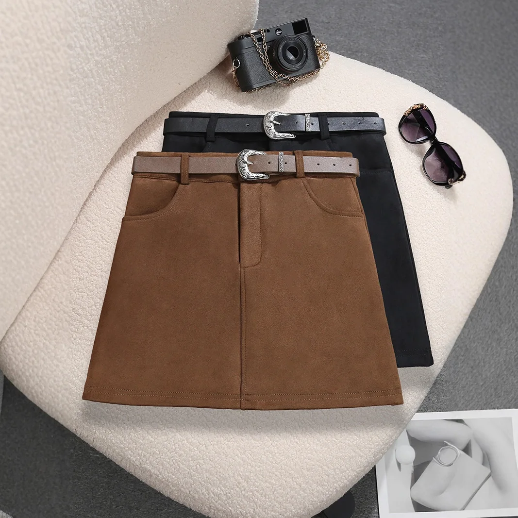 

With Belt Retro Coffee Suede Skirt Korean New High Waist Anti-light Pocket Skirt for Women