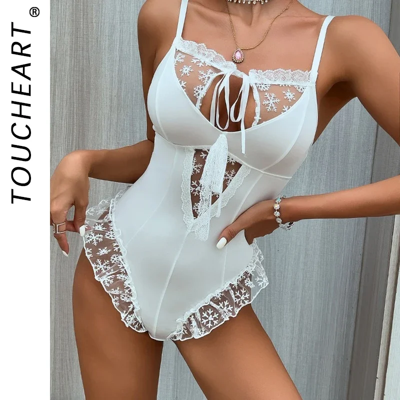 Toucheart Sexy Lace Up Hollow Out Jumpsuit For Women Snowflake Print Patchwork Mesh See-Through Sexy Sling Backless Jumpsuit New