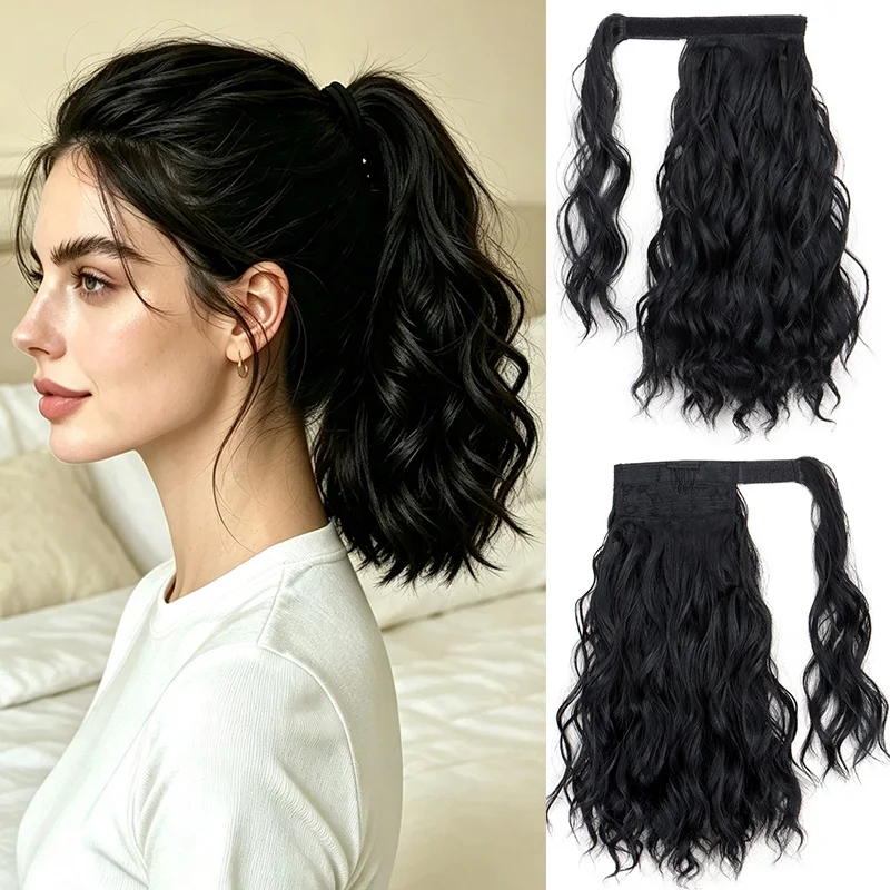 Synthetic 14Inch Wrap Around Short Wavy Culry Ponytail Hair Extension Easy Wear Fake Hairpiece for Daily Party Women Use