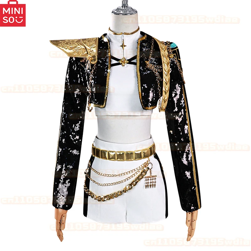 MINISO Rumi Zoey Mira Cosplay KPop Demon Hunters Cosplay Costume Wig Women Black Golden Suit Halloween Party Role Playing Outfit