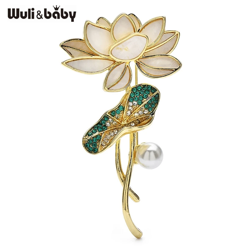 Wuli & baby حجر الراين لوتس ليف بروش اللؤلؤ زهرة دبابيس للنساء البدلة واللباس مجوهرات أنيقة الإكسسوار هدية