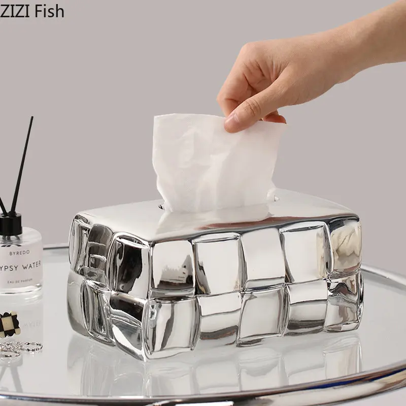 Asymmetric Grid Silver Plated Tissue Box Creative Decorative Paper Towel Case Coffee Table Desktop Tissue Boxes Modern Decor