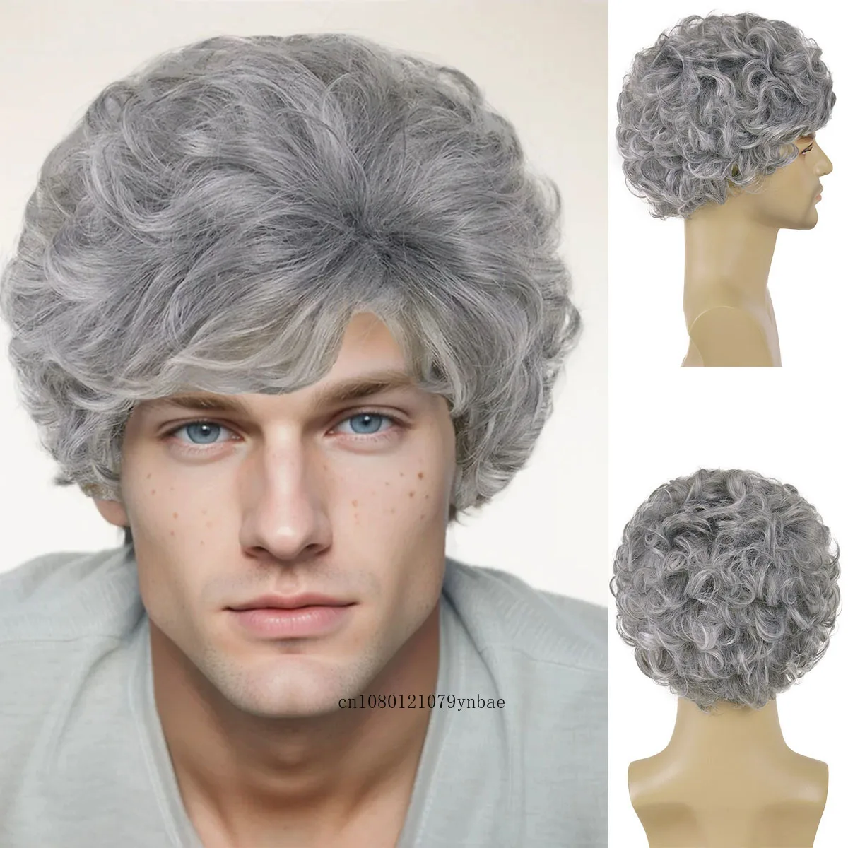 Synthetic Hair Short Dark Grey Wigs for Men Male Fluffy Curly Old Man Wig with Bangs Grandfather Gifts Daddy Wig Daily Cosplay