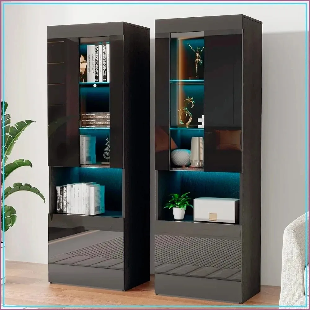2-Pack 71in Tall Bookcase with Glass Doors, LED Bookshelf Display, 5-Tier Storage, Black
