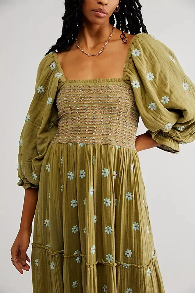 2025 novas mulheres boho profundo decote em v manga puff maxi vestido casual floral chiffon em camadas flowy swing festa vestido longo