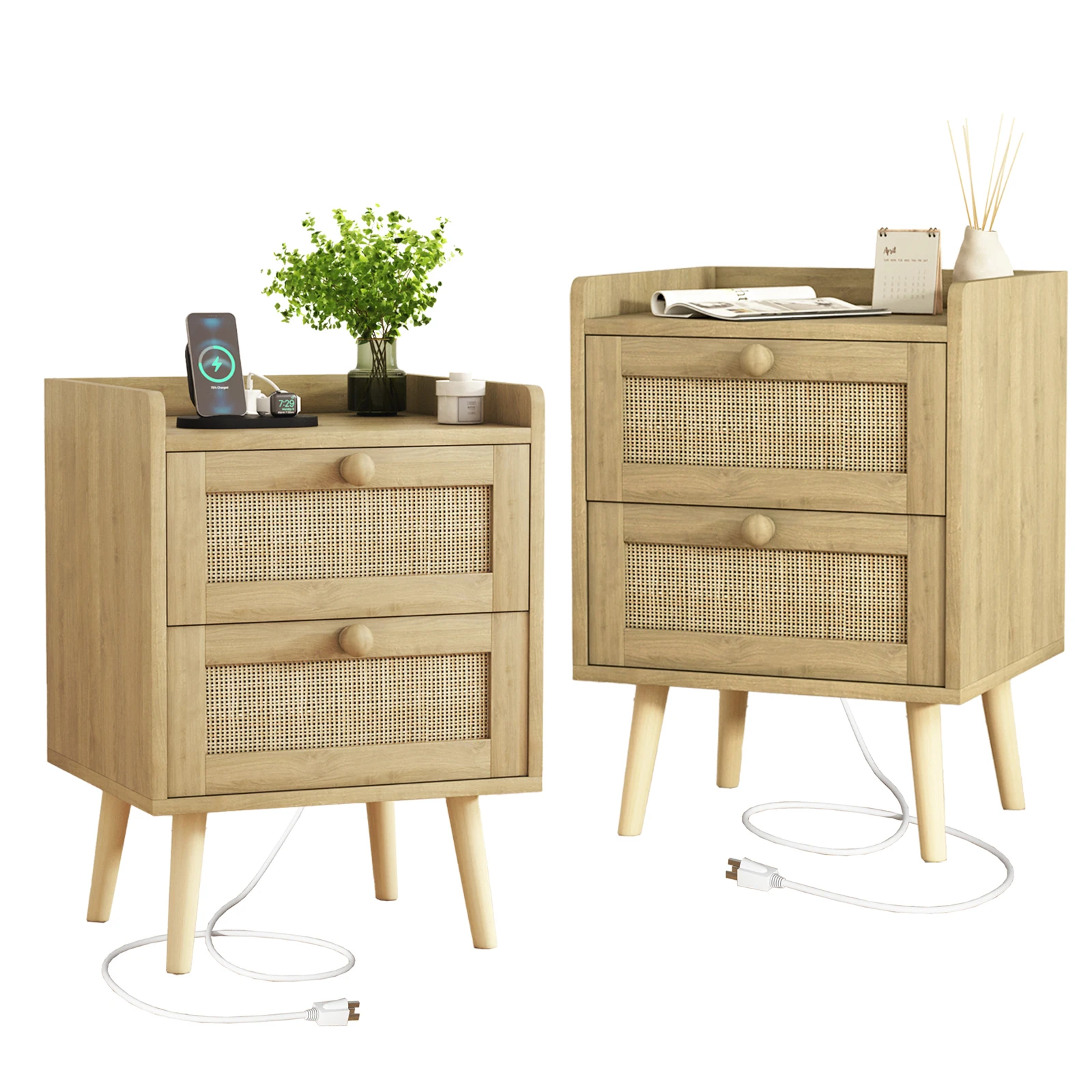 Rattan Nightstand with Charging Station Set of 2, Rattan Boho End Table with 2 Drawers, Bedside Table for Living Room, Bedroom