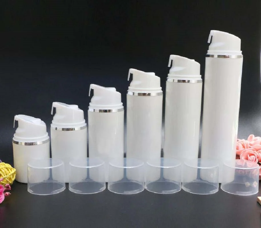 Butelka airless z białego plastiku o pojemności 50 ml z srebrną linią, do pakowania balsamów/emulsji/sery/kremów przeciwsłonecznych z filtrem UV/podkładek do pielęgnacji skóry.