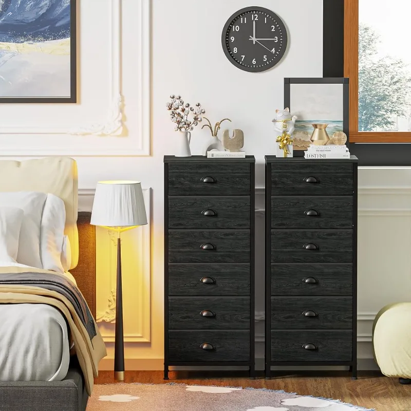 Tall Dresser with 6 Drawers,Vertical Bedside End Table and Chest for Bedroom,Black Storage Tower Dorm Nightstand