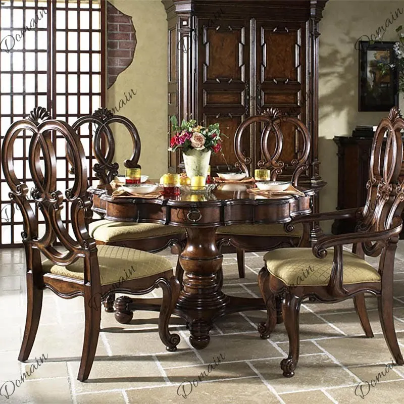 Pure American classical peach blossom core solid wood round dining table villa high-end personalized art old exquisite