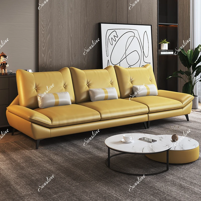 Modern light luxury first-floor cowhide small apartment straight row three-person sofa