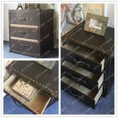 Bedside table Solid wood light luxury chest, bedroom retro simple leather storage bedside table