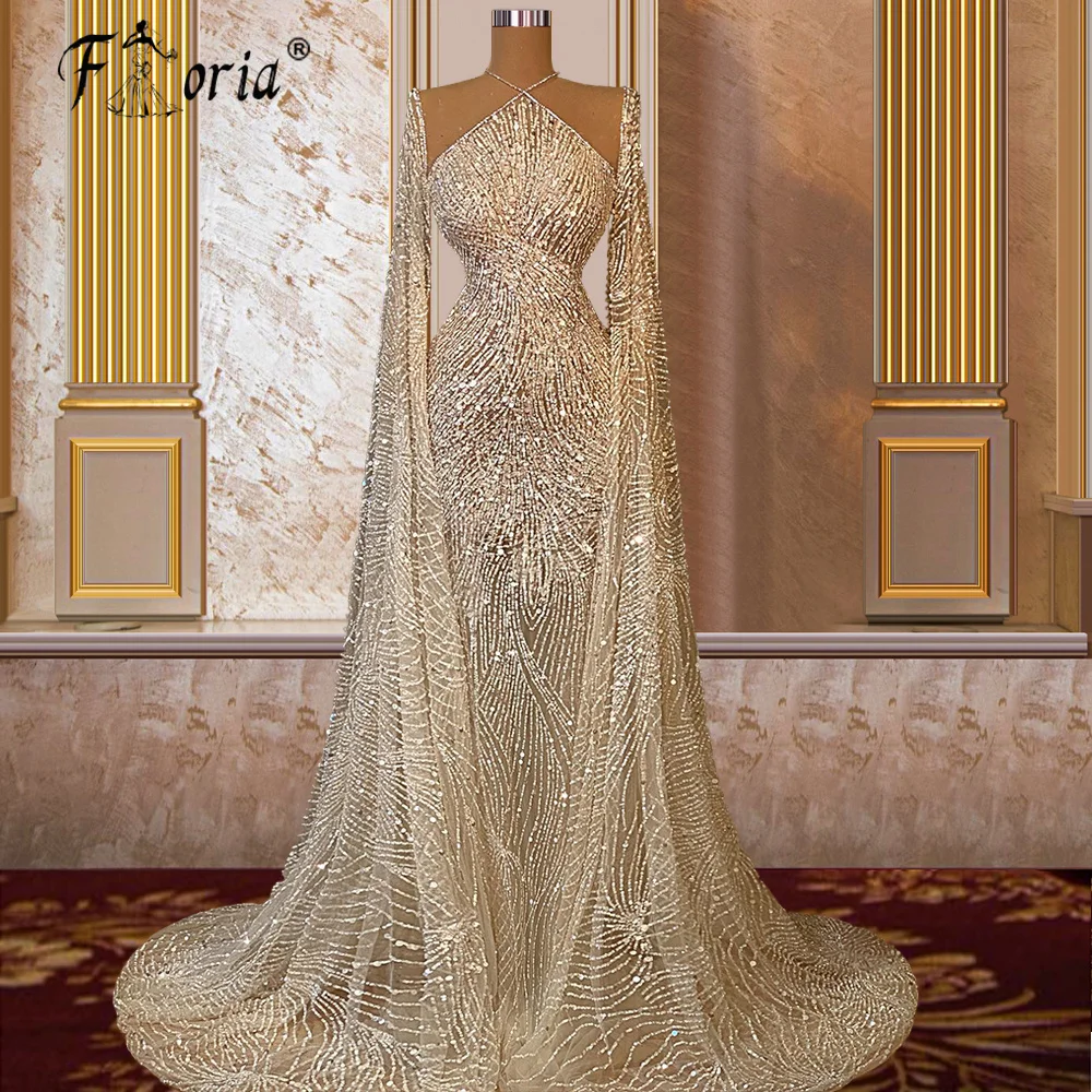 Sparkly Sequin Beaded Champagne Evening Dresses with Cape Sleeve Long Luxury Silver Dubai Women Prom Formal Dress robe de soiree