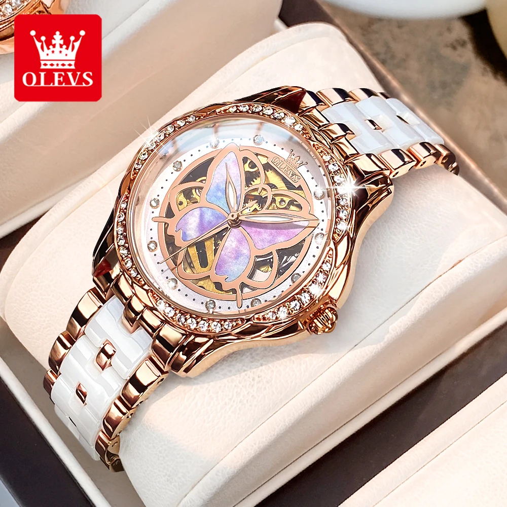 OLEVS Women's Automatic Mechanical Watches Ceramics Strap Hollowed Colorful Fritillaria Butterfly Diamond Dial Ladies Watch 6615