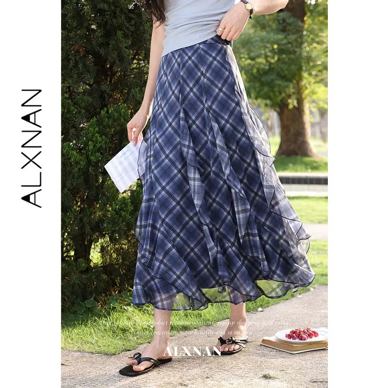 ALXNAN Retro Blue Plaid Skirt Women Summer New High Waist Ruffled Irregular Slim A-line Casual Long Skirt Ladies Bottom L66017