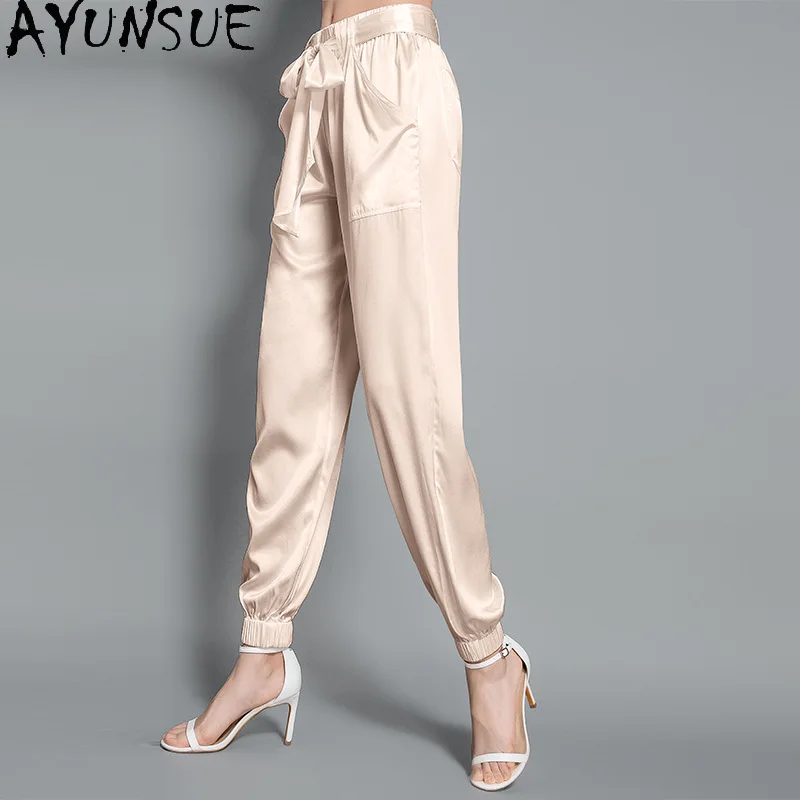 

AYUNSUE 19mm Silk Cuffed Pants for Woman Solid Elastic Waist Women's Pants and Trousers Lace-up Pants Summer Clothes Woman Штаны
