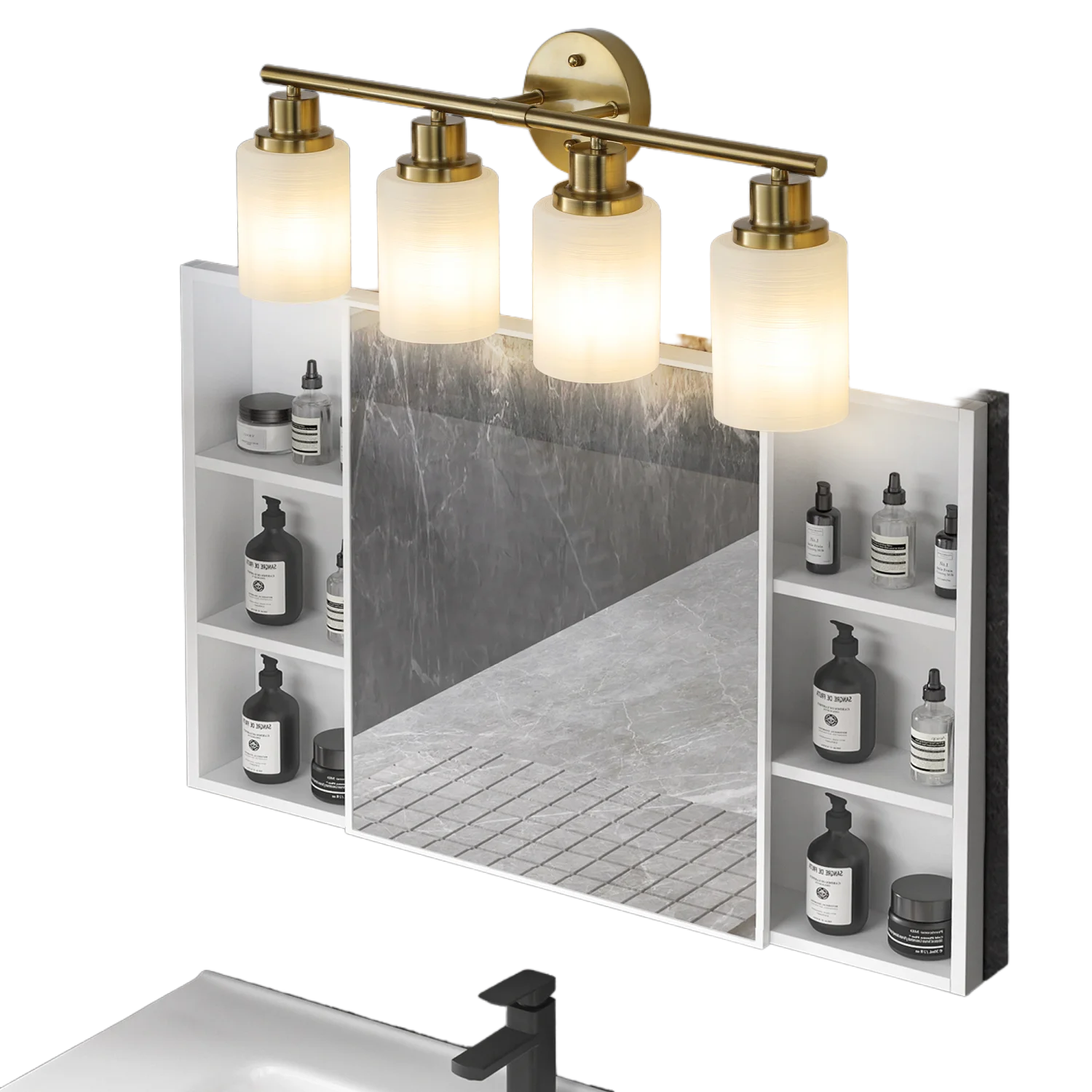 

4-Light Golden Bathroom Vanity Light Fixture, Frosted Glass Shades, Modern Wall Mounted Lighting (No Bulbs)
