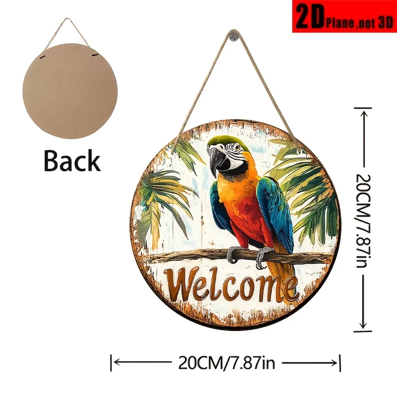 2D Flat 1pc, Round Wooden Welcome Sign with Vibrant Scarlet Macaw - Vintage Farmhouse Wall Decor for Home, Party, Entryway, Holi