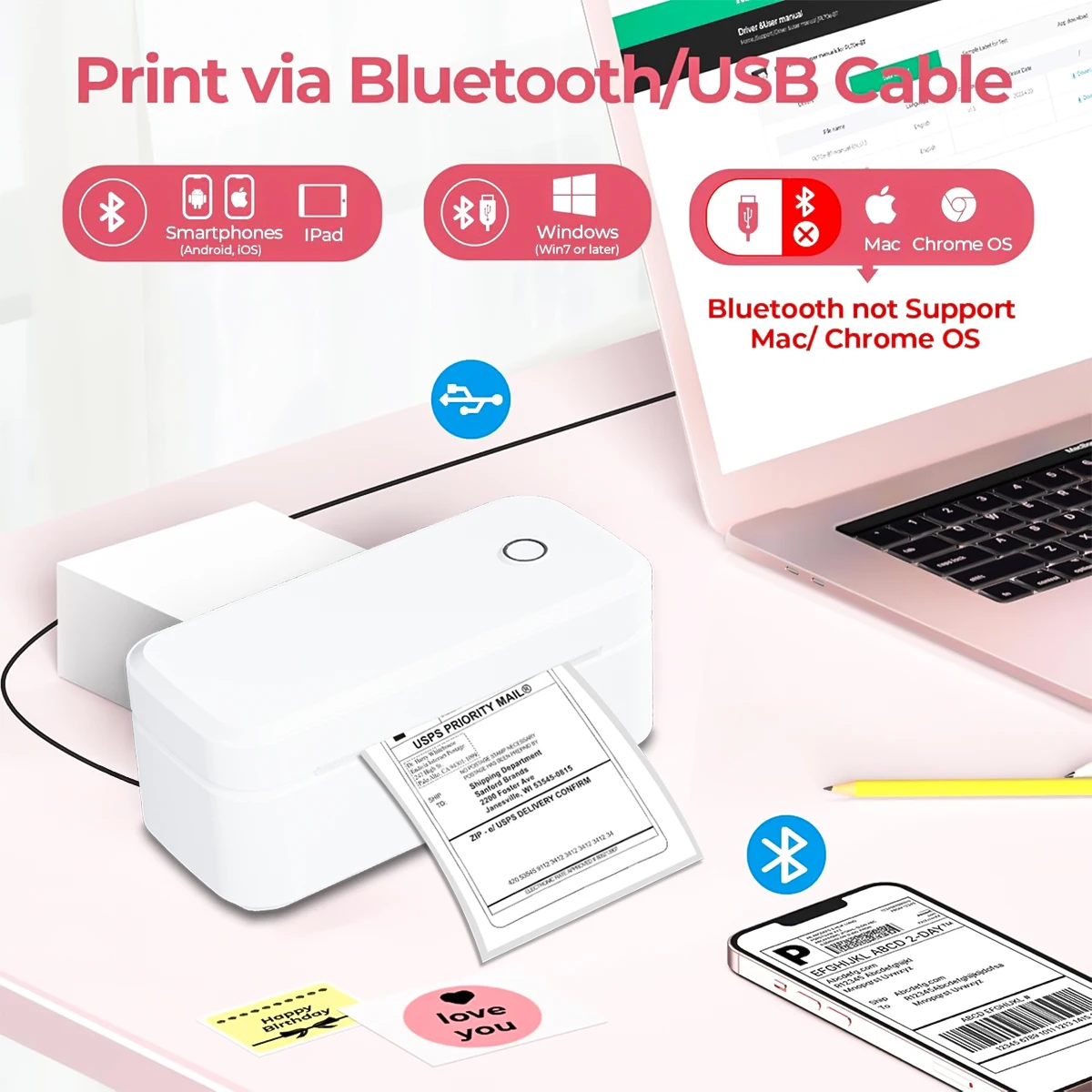 Marklife Thermal Printer D100 D200 X4 White Bluetooth Wireless Shipping Label Printer Compatible with iPhone Android Mac Window