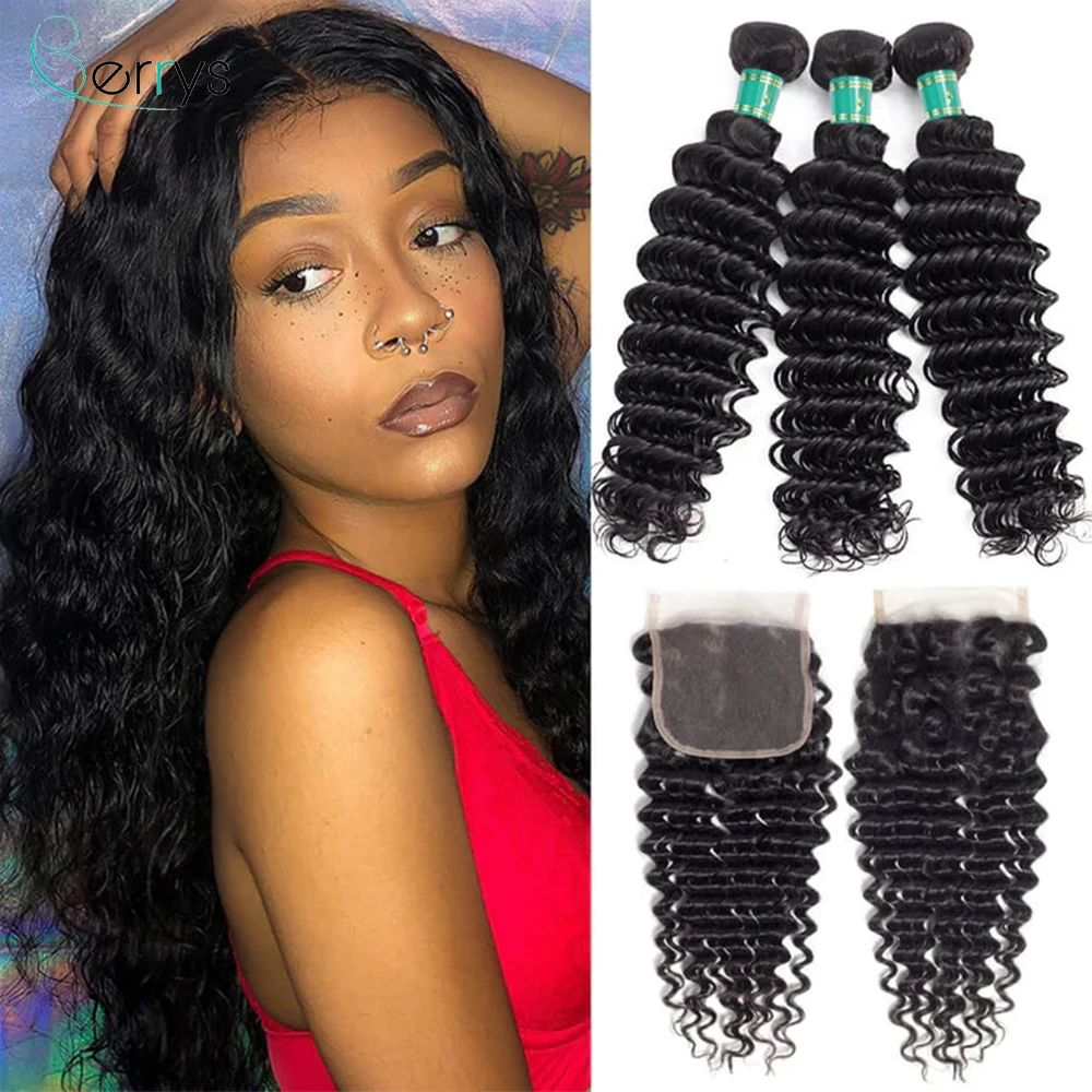 

36Inch Deep Wave Human Hair Bundles With Closure 5x5 Hd Lace Closure With Bundles Human Hair Weave Extensions 3/4 Bundles