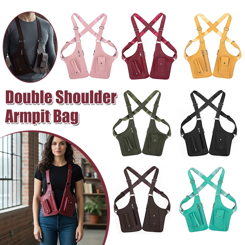 

PU Leather Double Shoulder Armpit Bag Multi-Pocket Underarm Strap Wallet Pocket Holster Bags for Men Women Travel Outdoors