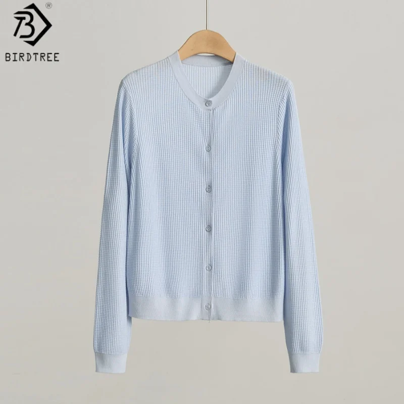 

Birdtree, 100% Real Silk Knitted Cardigan, O-neck Full Sleeve, Women Single Breasted Solid Thin Blouse,2026 Summer New T64628JF