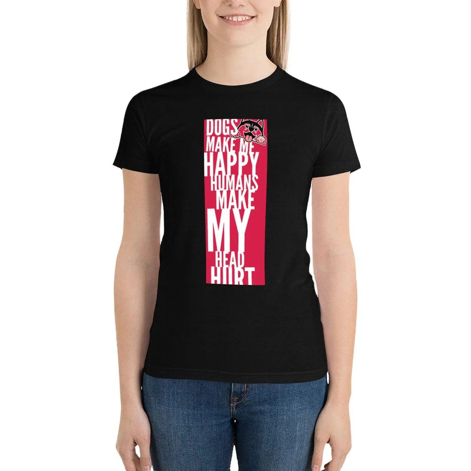 Dogs Make Me Happy Humans Make My Head Hurt husky dog pink background T-Shirt female clothes for Women