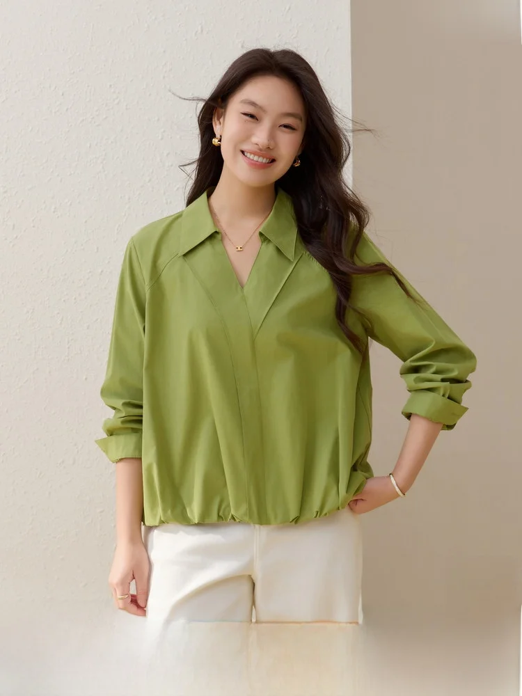 

Универсальная женская рубашка больших размеров с эластичным подолом и отложным воротником, новинка весенней коллекции, комфортная посадка, длинный рукав