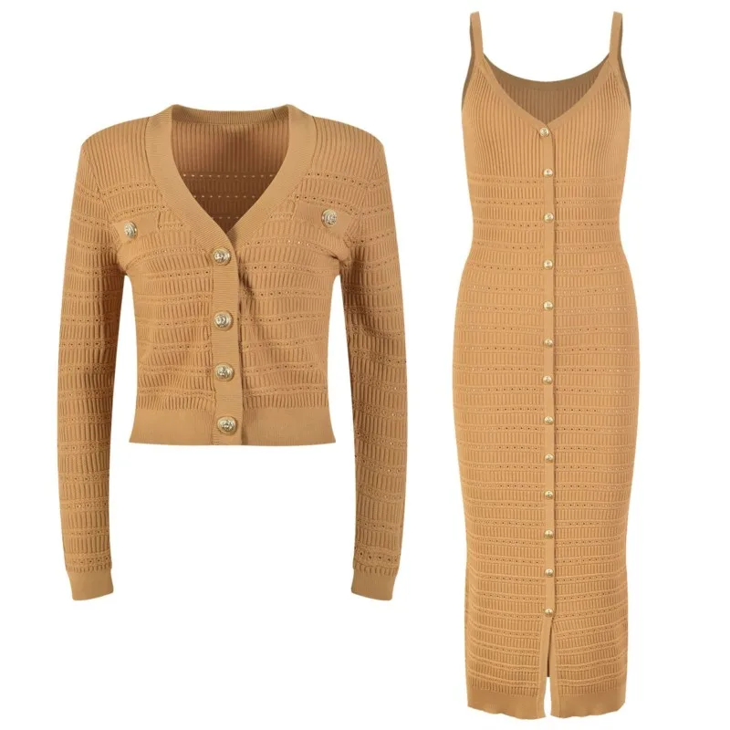 Women's casual knitted cardigan + hip strap dress set 2024 spring/fall women's new coat 2 sets