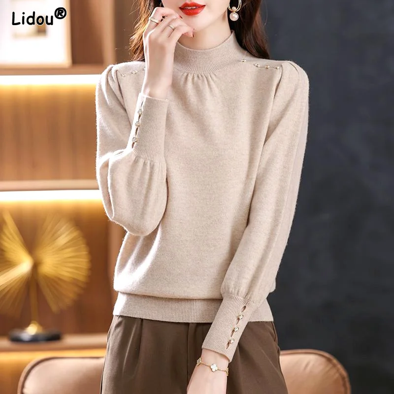 

Sweaters Pleated Patchwork Printing Round Neck Casual Solid T-Shirts Autumn Winter Thick Women's Clothing 2022 Dignified Grace