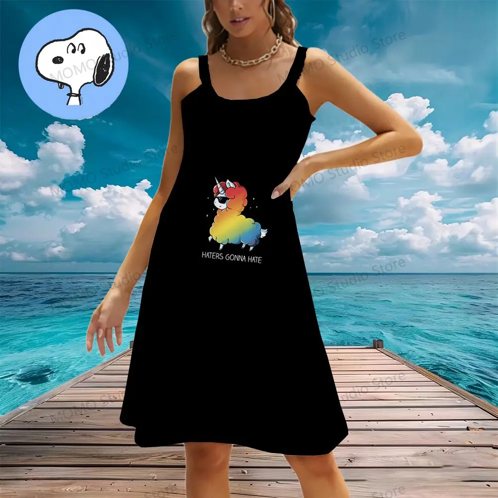 Kawaii Snoopy Damskie Sukienki Plażowe Y2k Chusta Lato 2024 S-3XL Boho Nowa Sukienka O Szyja Moda Eleganckie Seksowne Młode Dziewczyny