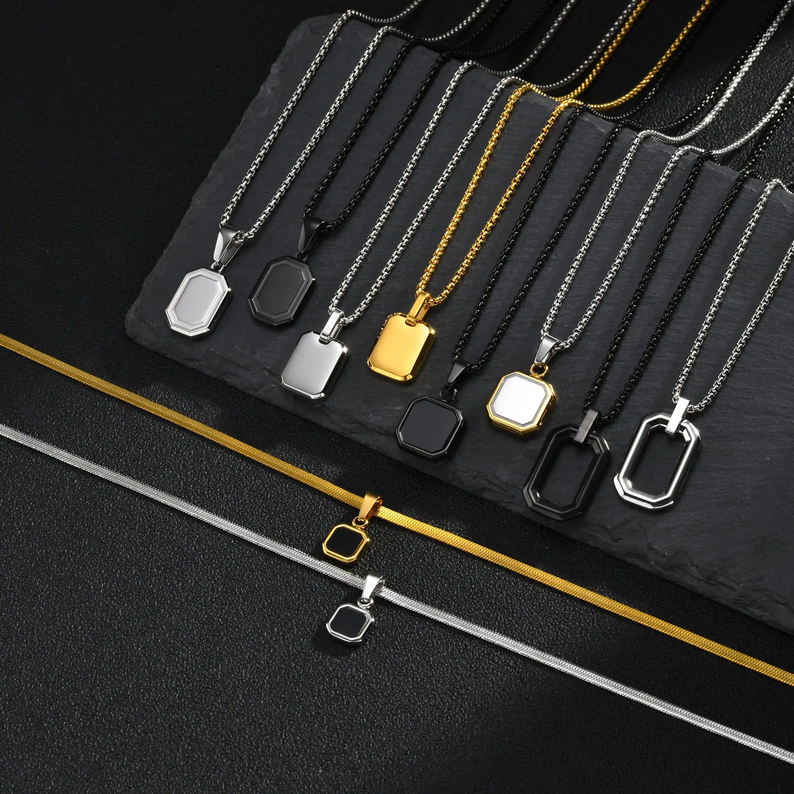 Vnox Herren-Halskette mit geometrischem quadratischem Anhänger, Edelstahl-Klingenkette, minimalistischer Schmuck, Geschenk für Jungen, Ehemann, Ihn – Detail 2